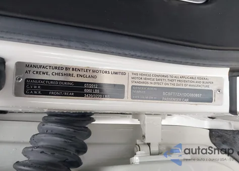 2013 Bentley Continental Gt V8 from USA, damaged, VIN SCBFT7ZA1DC080857